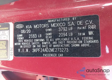 2021 Kia Forte Lxs z USA, uszkodzony, nr VIN 3KPF24AD2ME273273